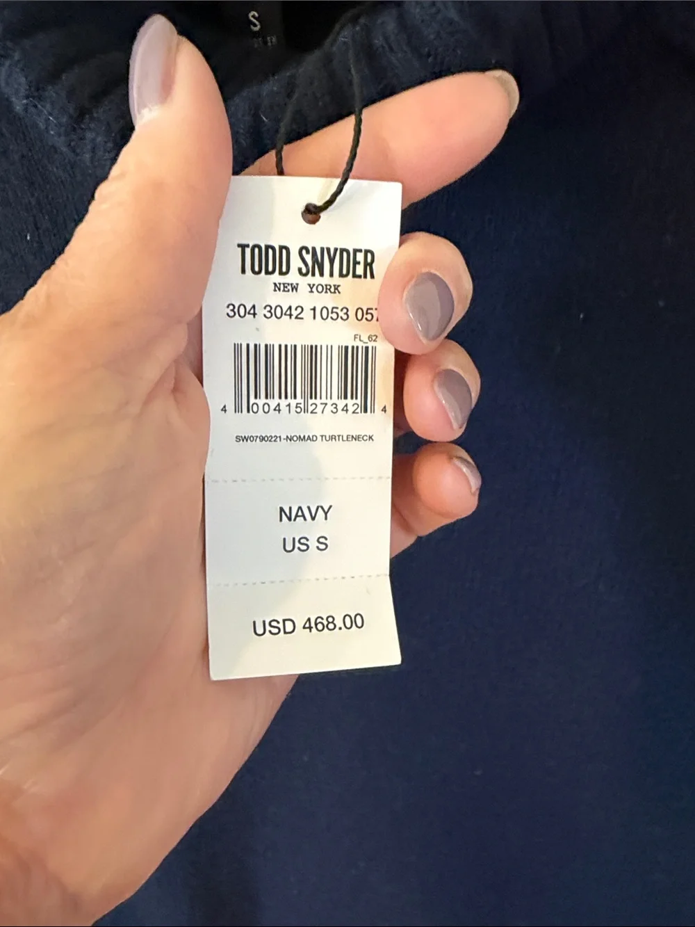 Todd Snyder Navy Nomad Turtleneck Sweater Sz S.  New/Flawed. Box53
